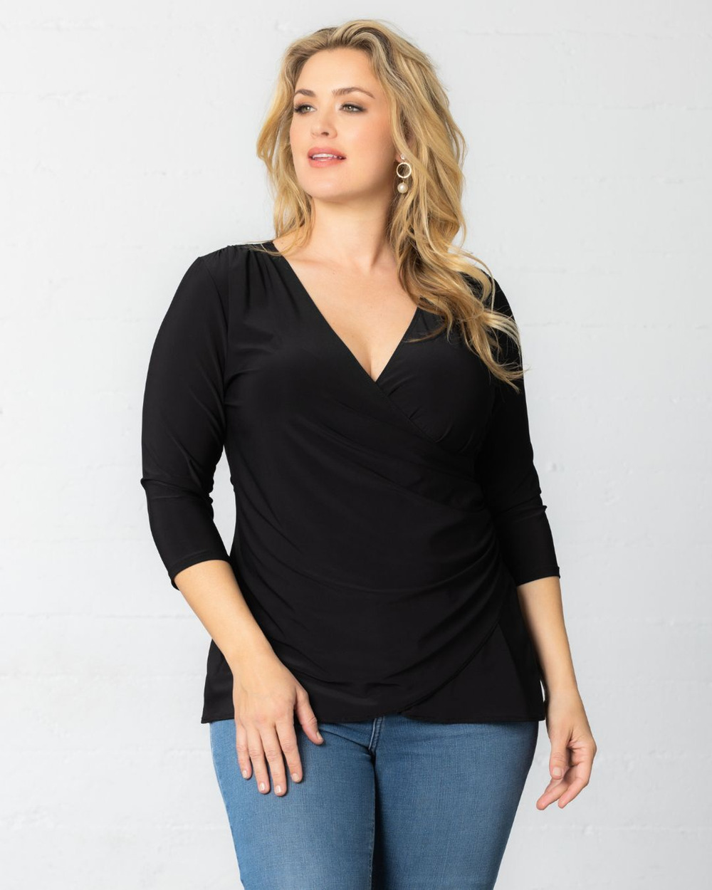 Kiyonna Top 3X Femme Fatale Faux Wrap Black Feminine Stretch Slimming Packable